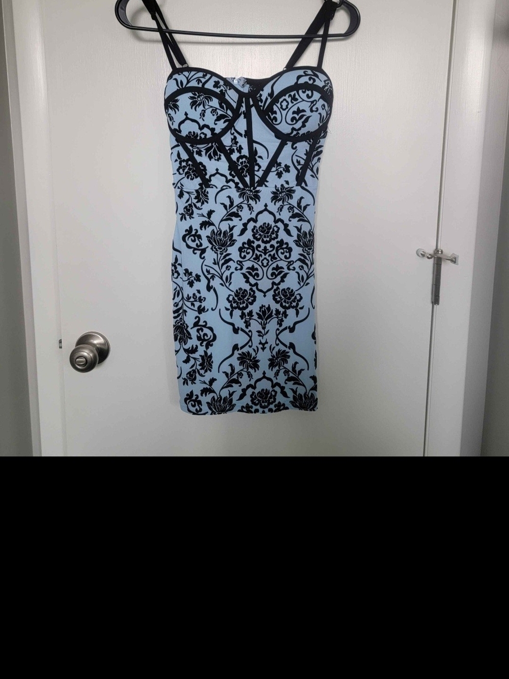 Windsor Light Blue Mini Dress with Black Damask Print
